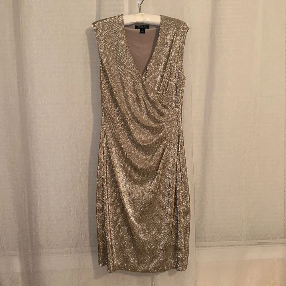 LRL 8 Golden Metallic Light Brown Lining Sleeveless V Neck Pleated Side Dress